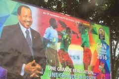 Posters for the Female Africa Cup of Nations presents tournament as a Biya achievement